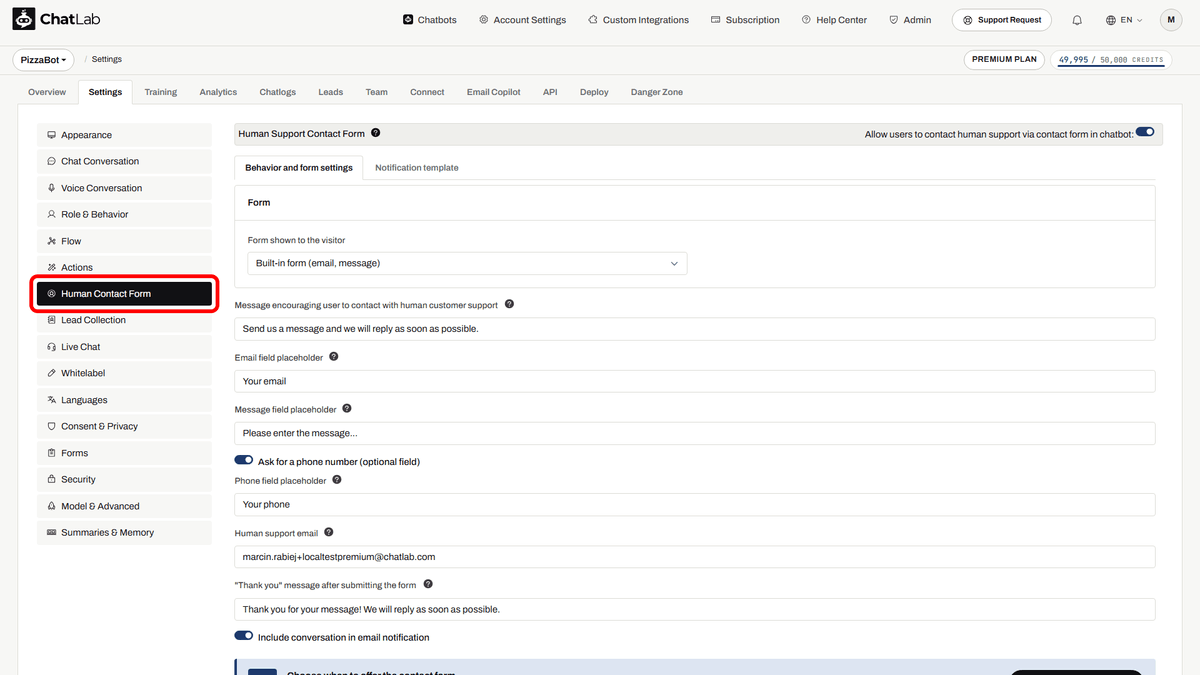 Formulario de contacto humano - Pestaña de comportamiento y configuración del formulario