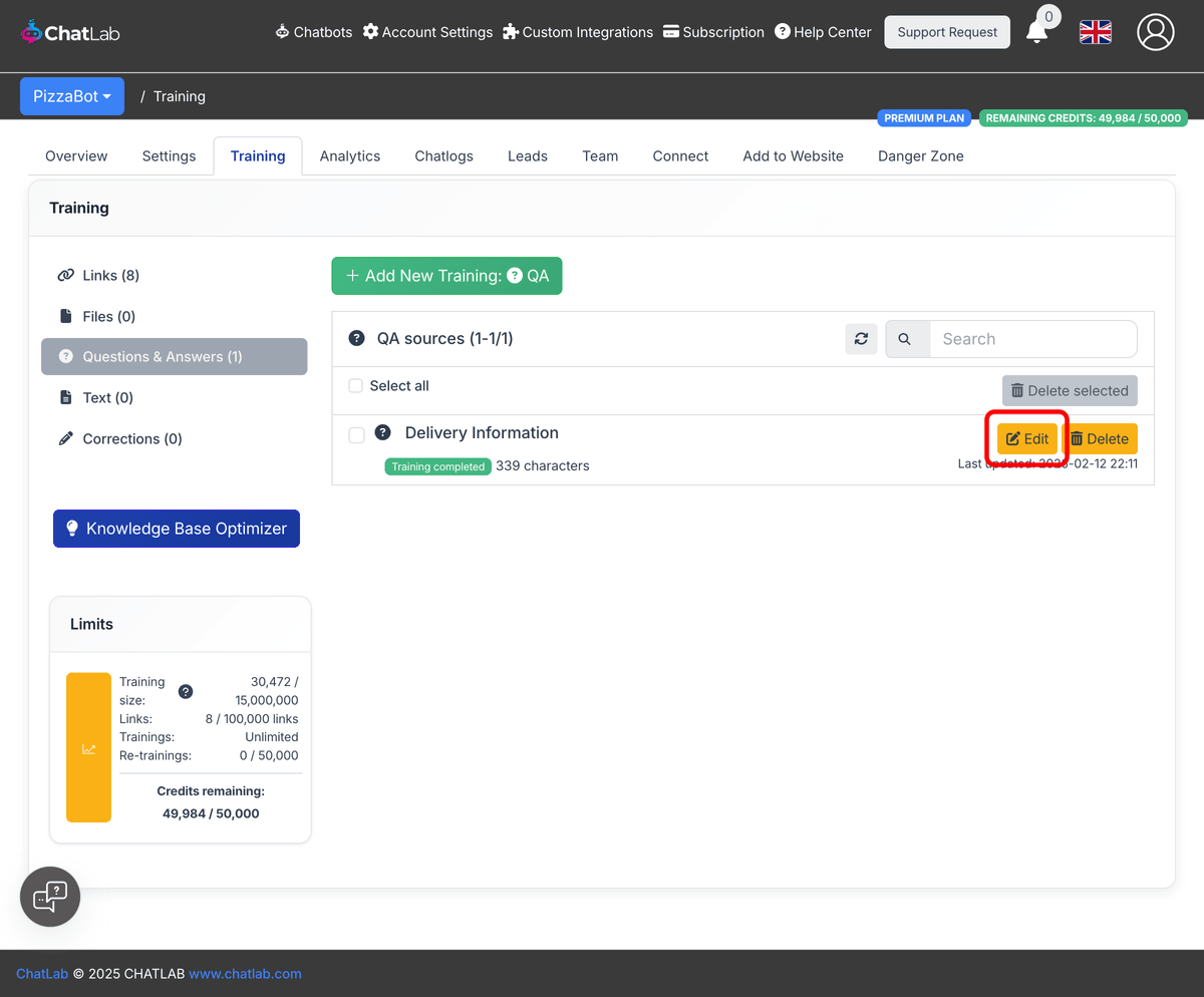 Training completed Q&A list showing the Edit button