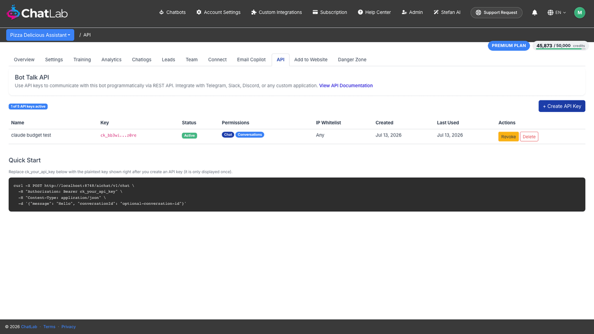Bot Talk API tab