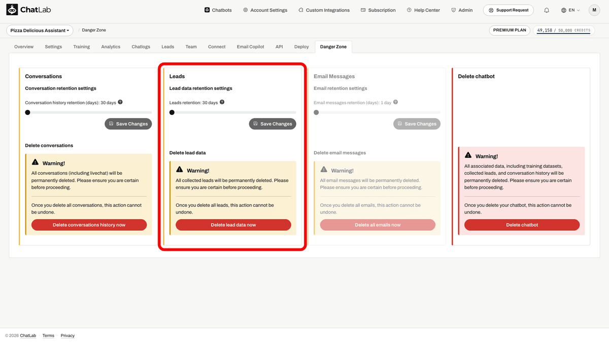 Leads section with retention slider and delete button