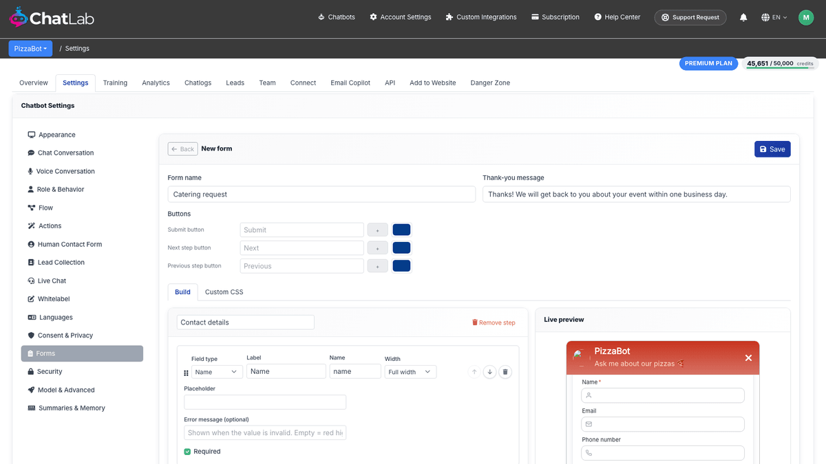 The custom form builder