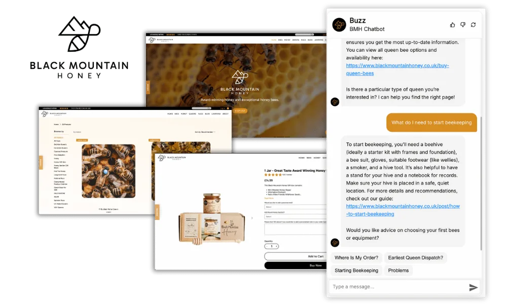 A Black Mountain Honey webáruháza a megnyitott Buzz chatablakkal