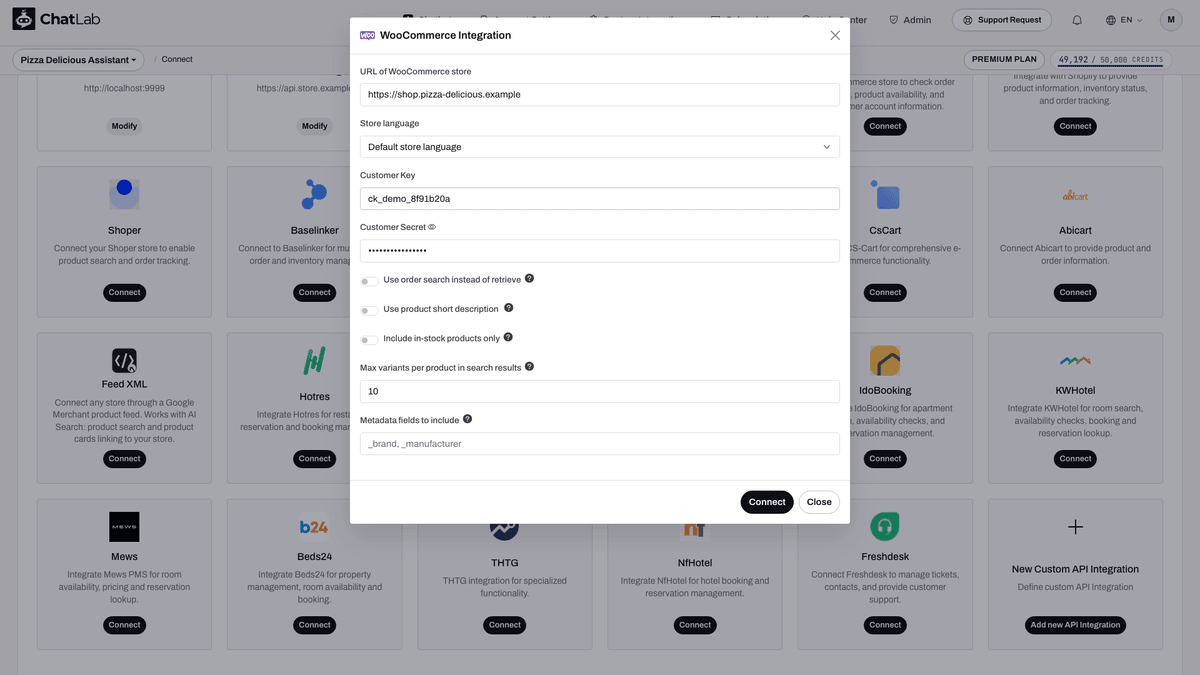 WooCommerce integration form with store URL, key, and secret fields