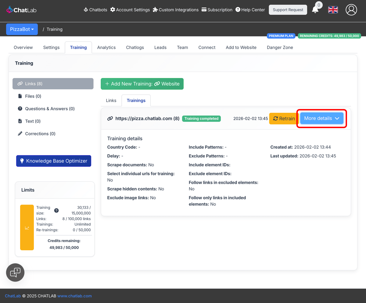 Training card with More details button highlighted