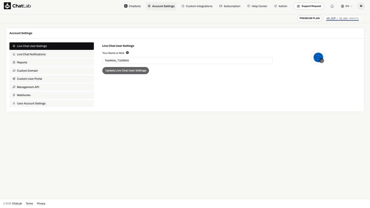 Live Chat User Settings with name field highlighted