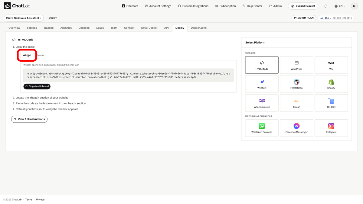 Widget tab selected in Deploy