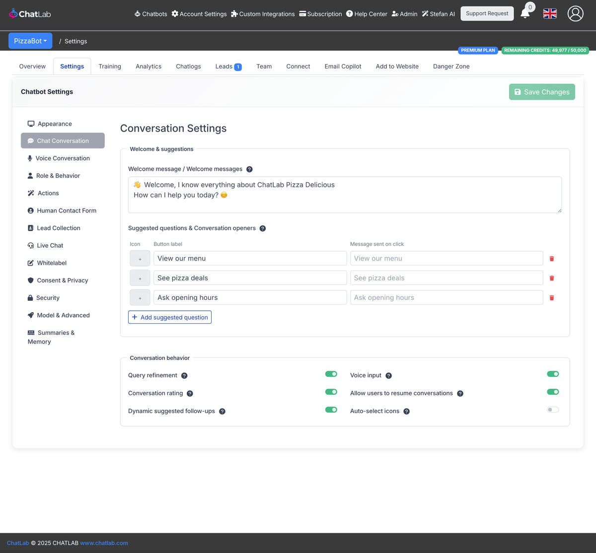 Chat Conversation settings panel