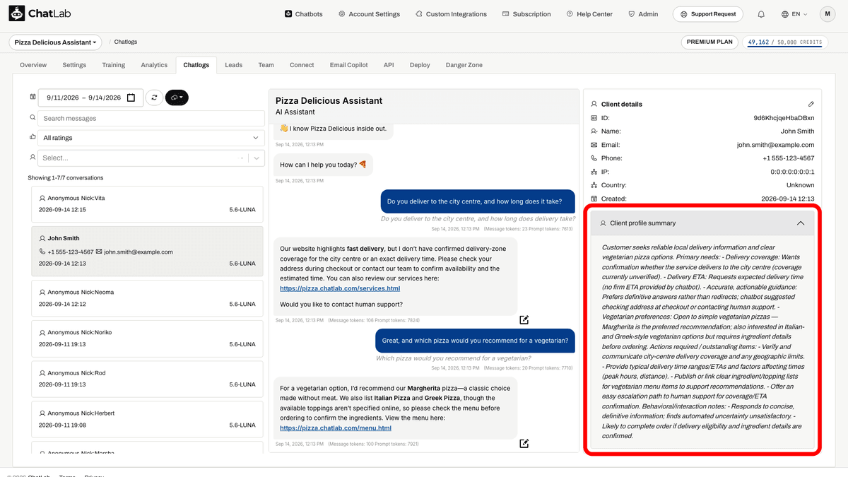 Client profile summary in Chatlogs