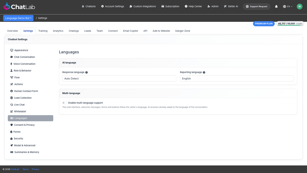 Languages settings menu