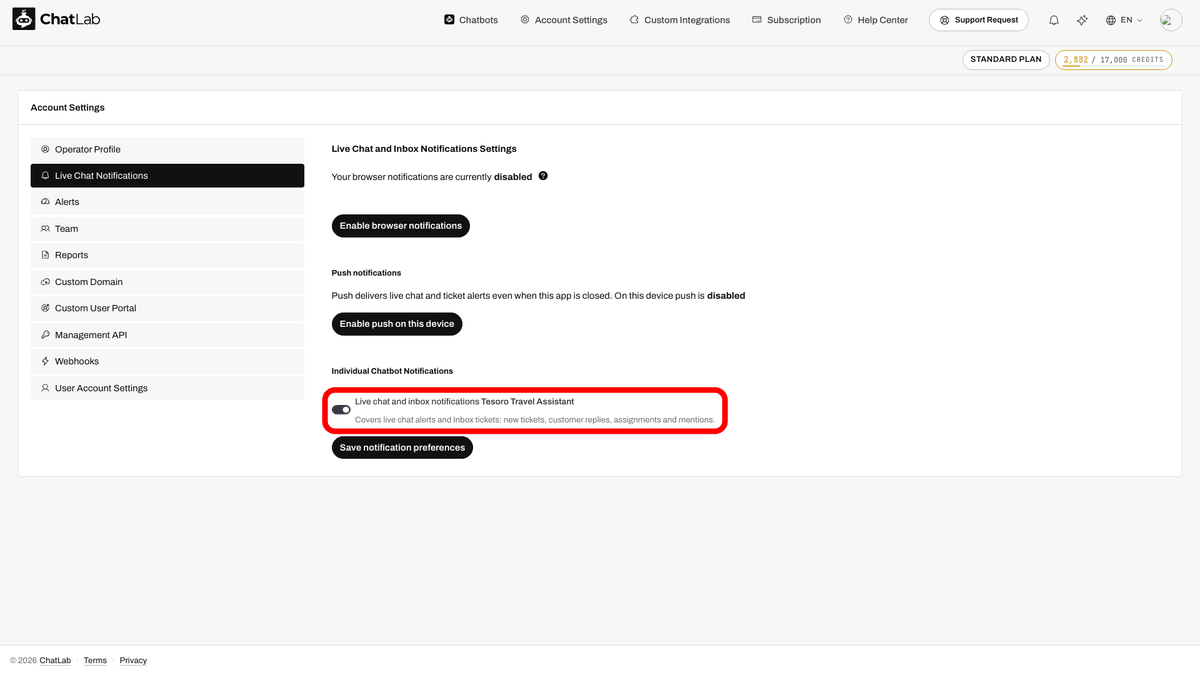 Per-chatbot live chat and inbox notification switch