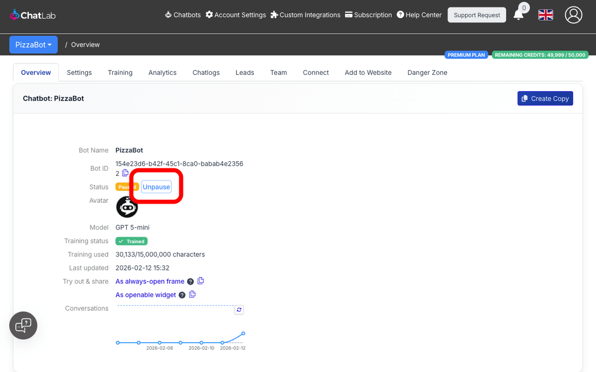 Overview tab showing the Unpause link