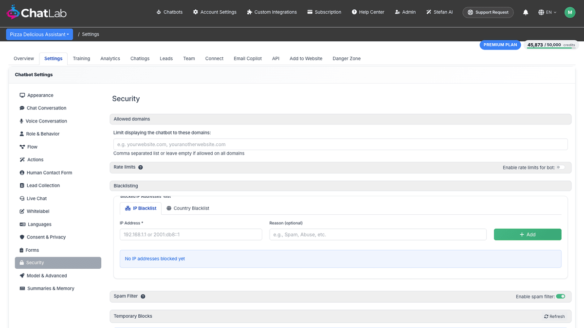 Security Settings tab