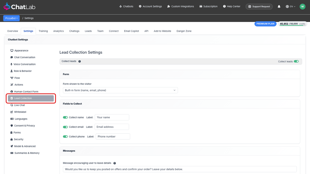 Lead Collection settings page with the Lead Collection sidebar item highlighted