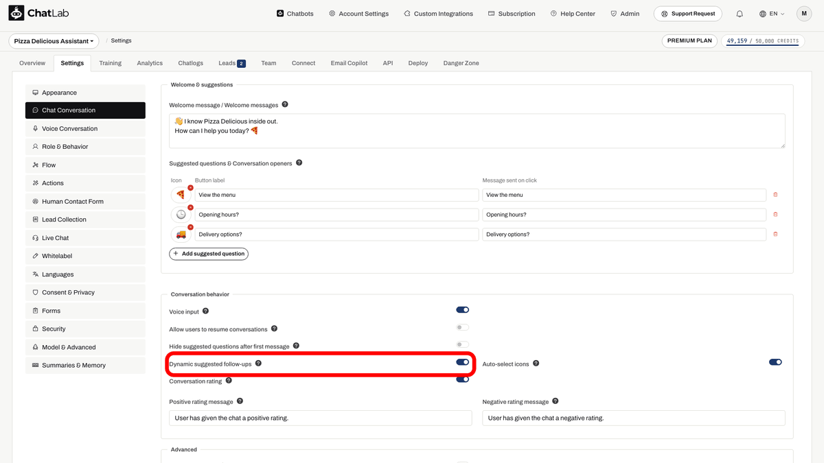 Paramètres de conversation avec l'interrupteur Dynamic suggested follow-ups activé