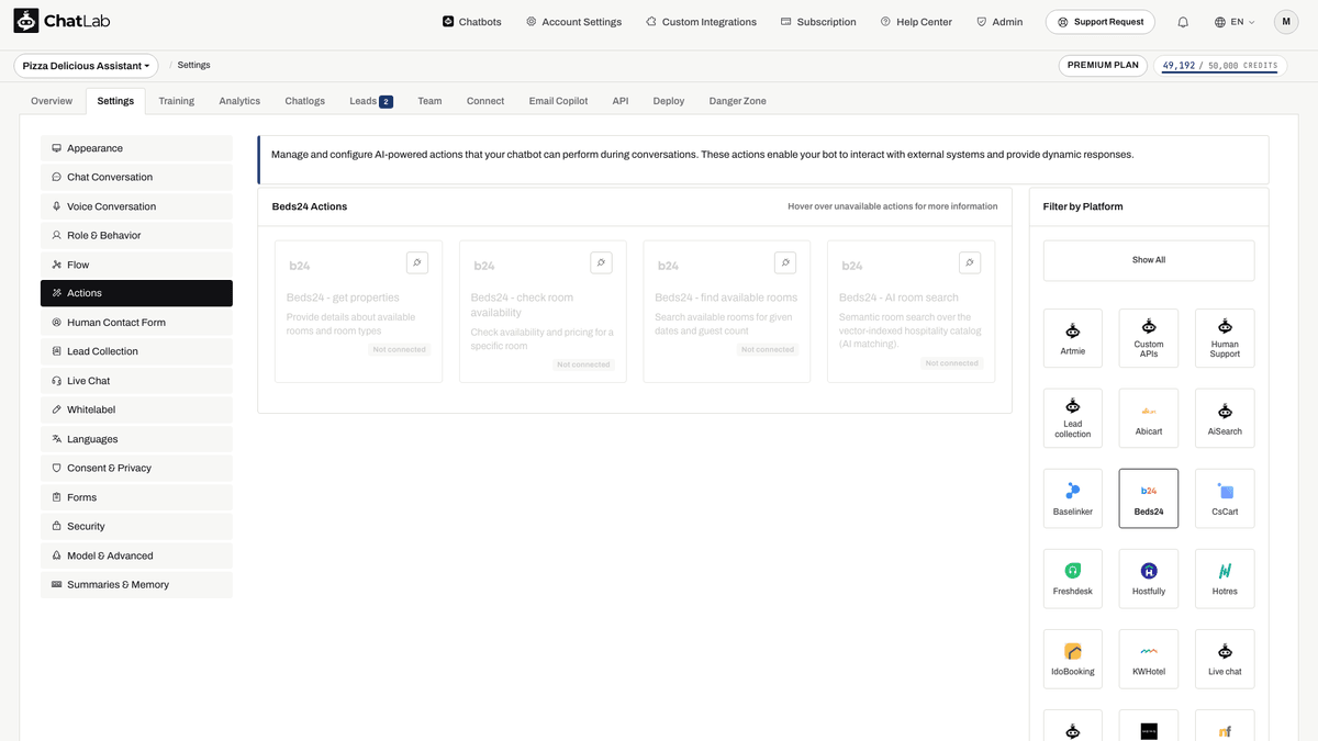 Gruppo Beds24 Actions in Settings > Actions prima del collegamento dell'integrazione