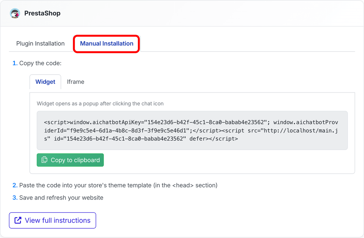 Manual Installation tab with code snippet