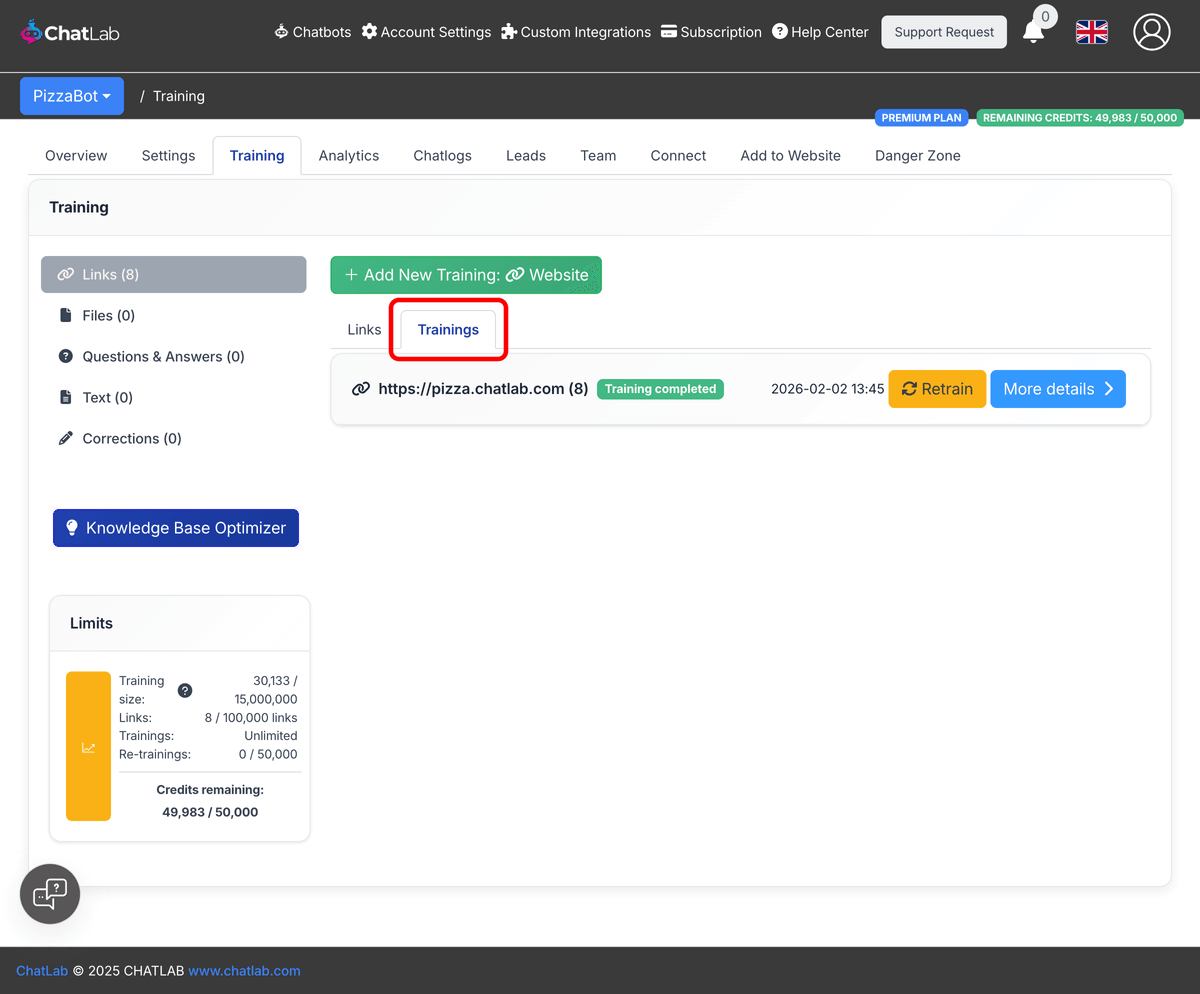 Trainings tab showing a completed training card