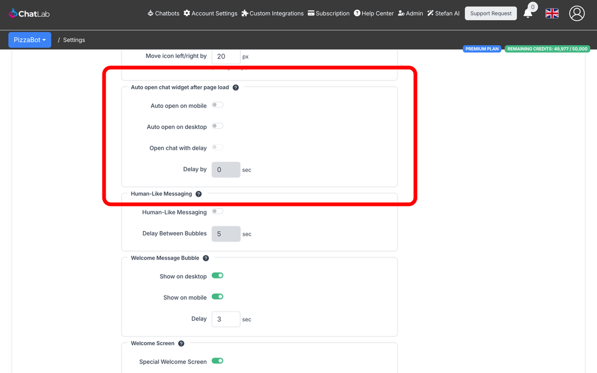 Auto open chat widget settings