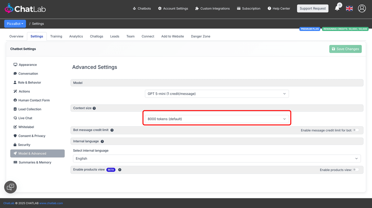 Context size selection in Model & Advanced settings