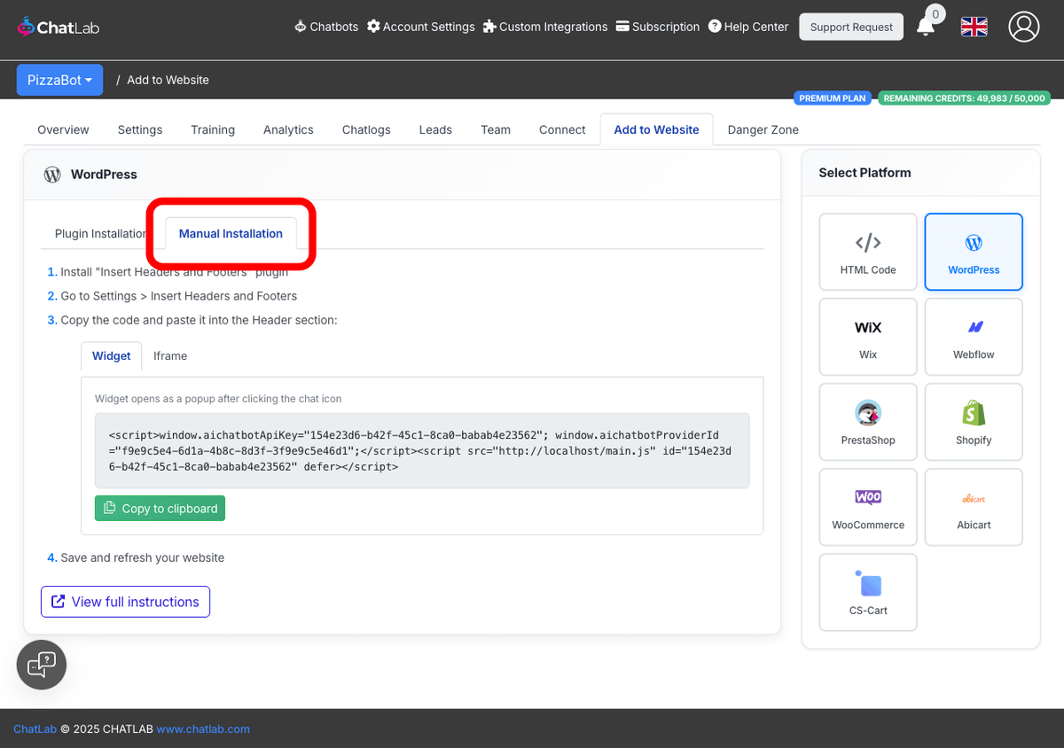 Manual Installation tab highlighted