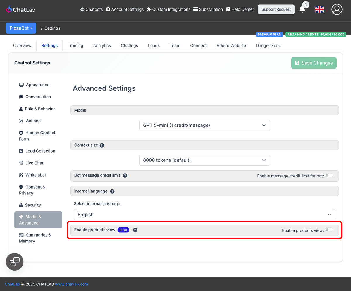 Enable products view toggle in Model and Advanced settings