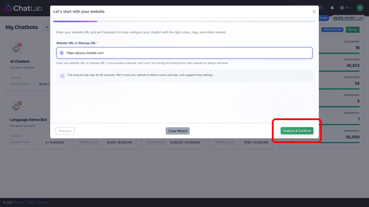 Wizard - enter your website URL