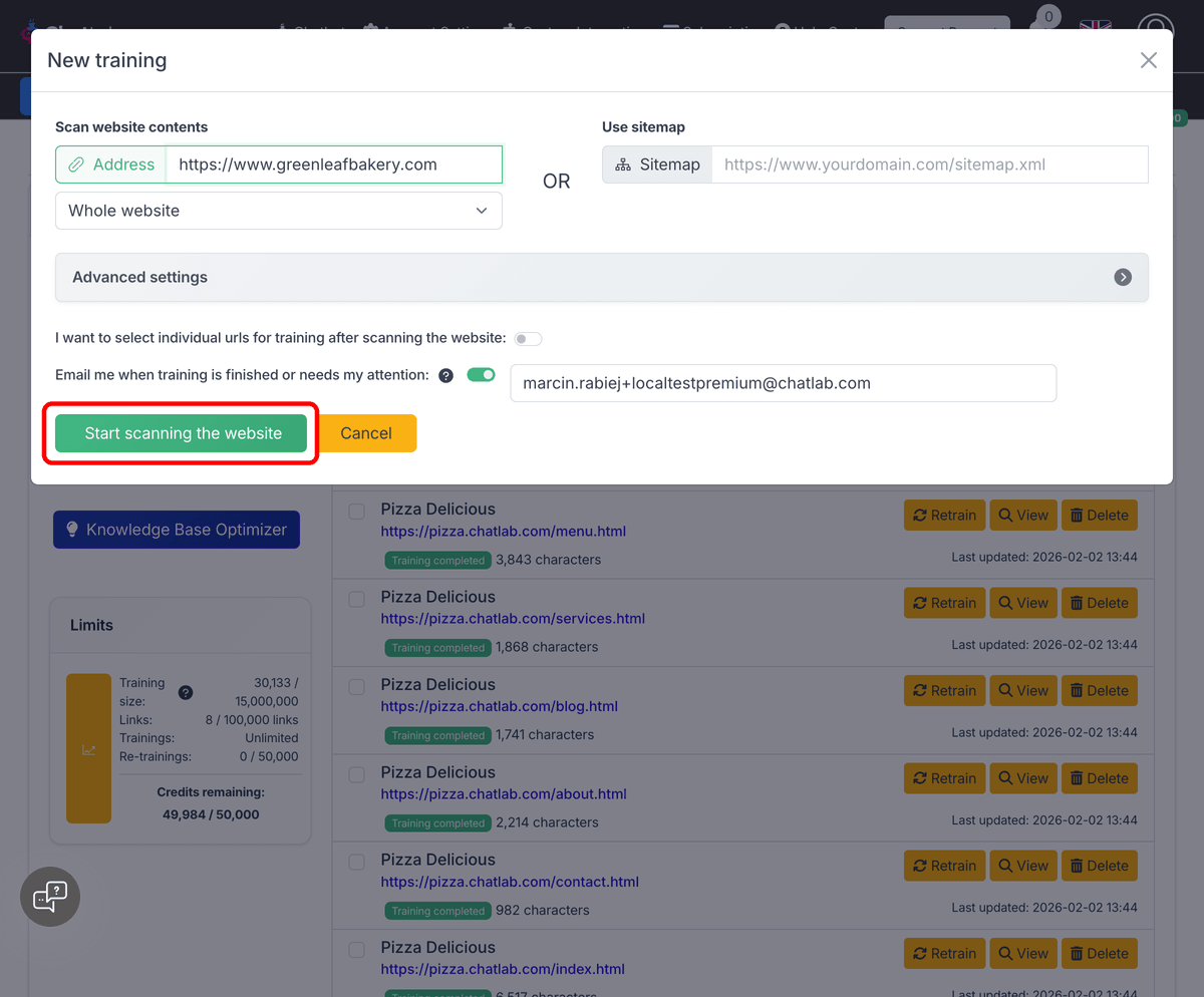 New training modal with the Start scanning the website button highlighted