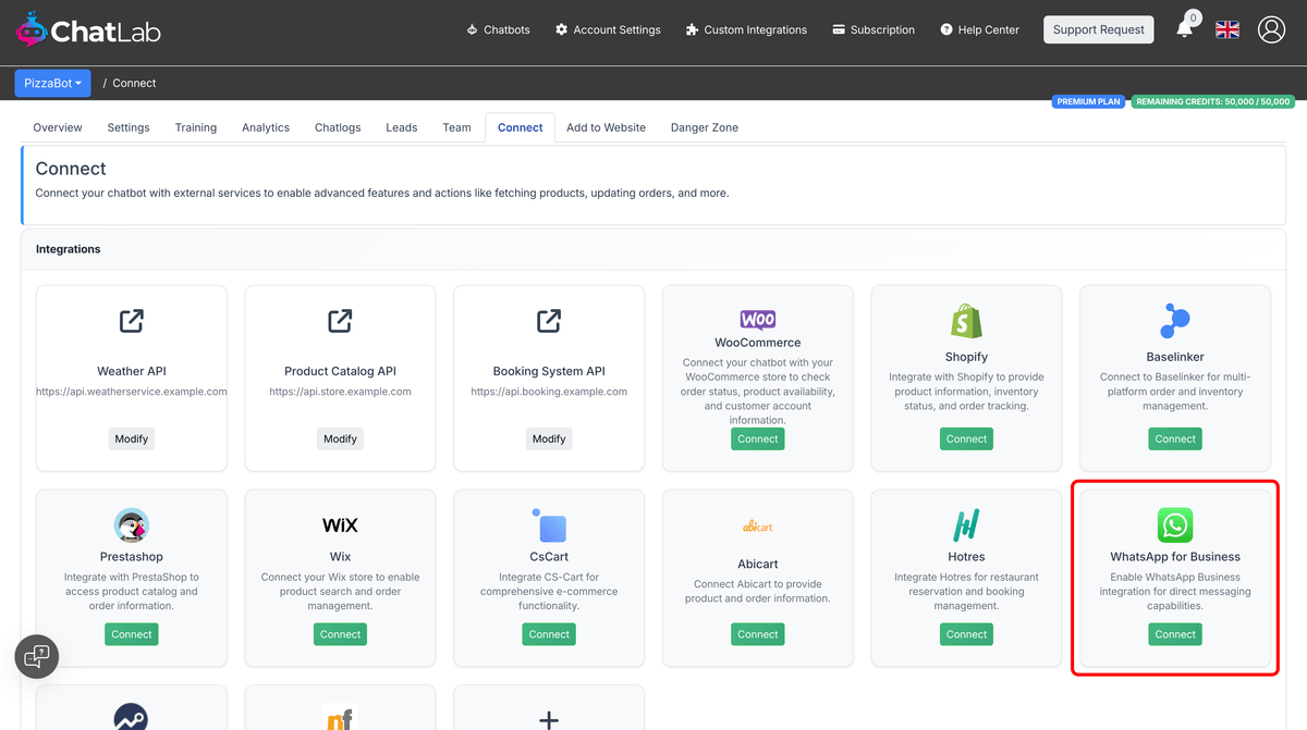 Connect tab showing the WhatsApp for Business tile