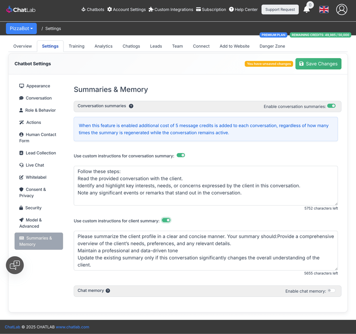 Custom summary prompts