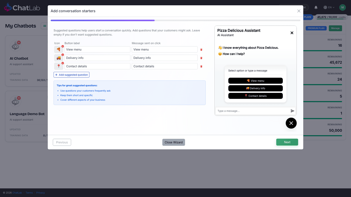 Wizard - add conversation starters