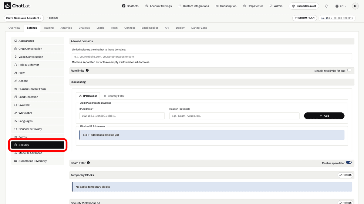 Security Settings tab