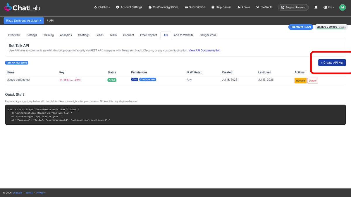 API tab with the Create API Key button highlighted
