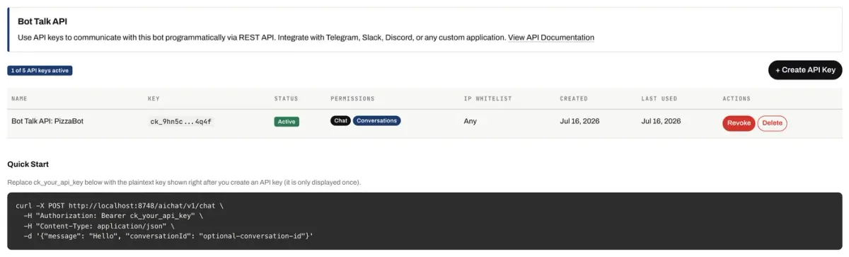 Bot Talk API tab