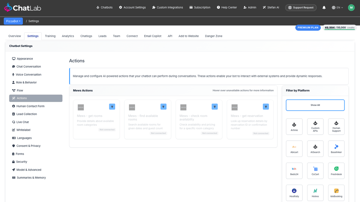 Mews Actions group in Settings > Actions before the integration is connected