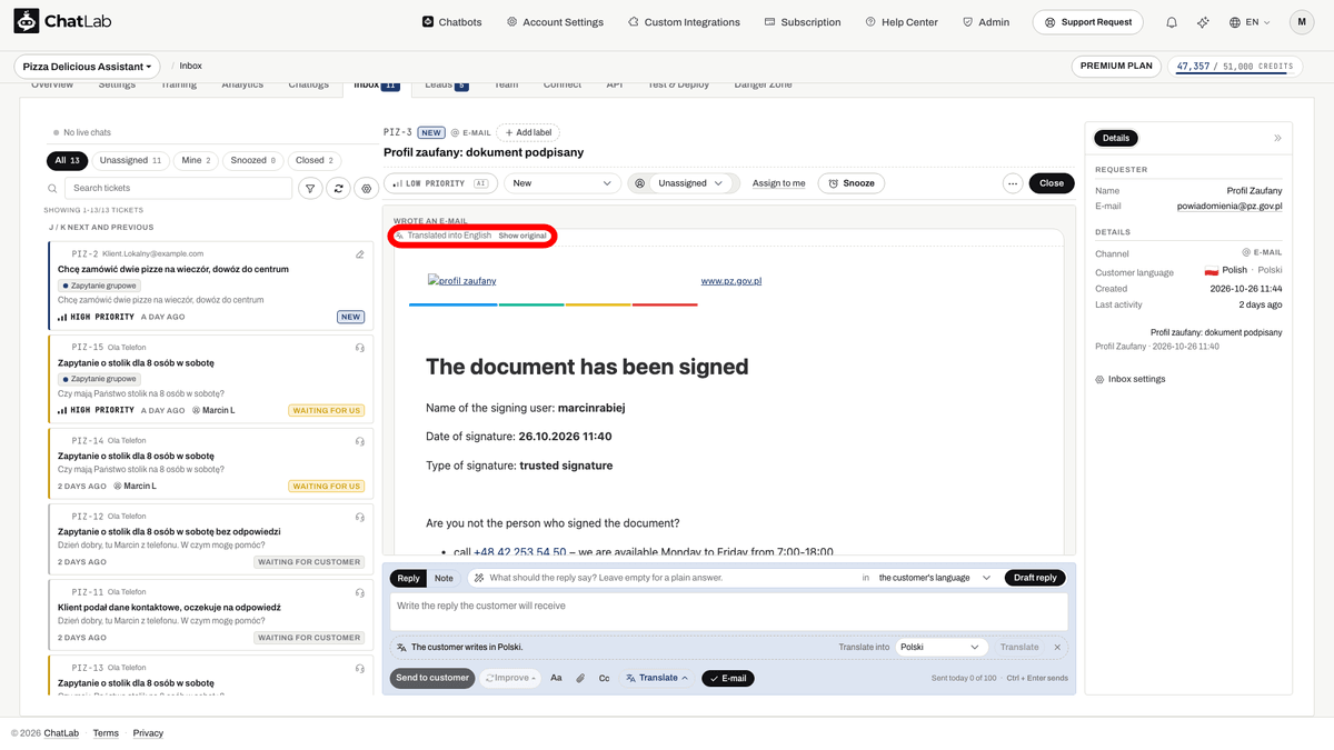 An e-mail translated in place, with the Translated into English and Show original bar