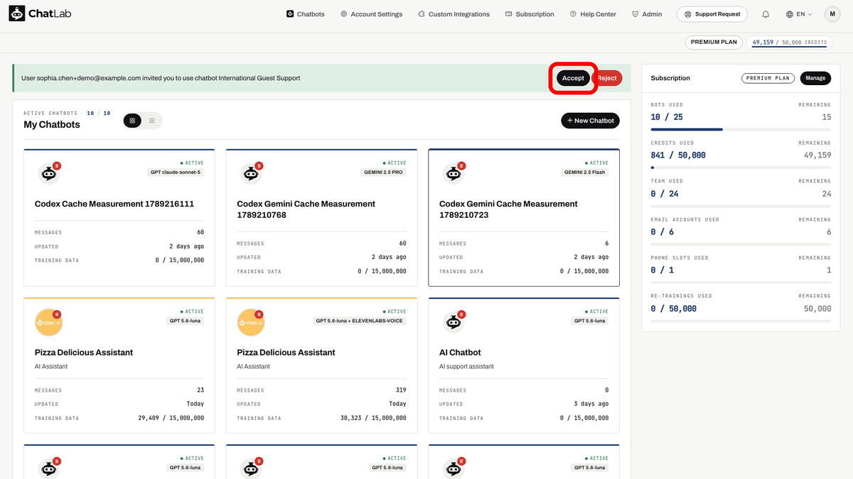 Dashboard showing invitation received banner with Accept and Reject options