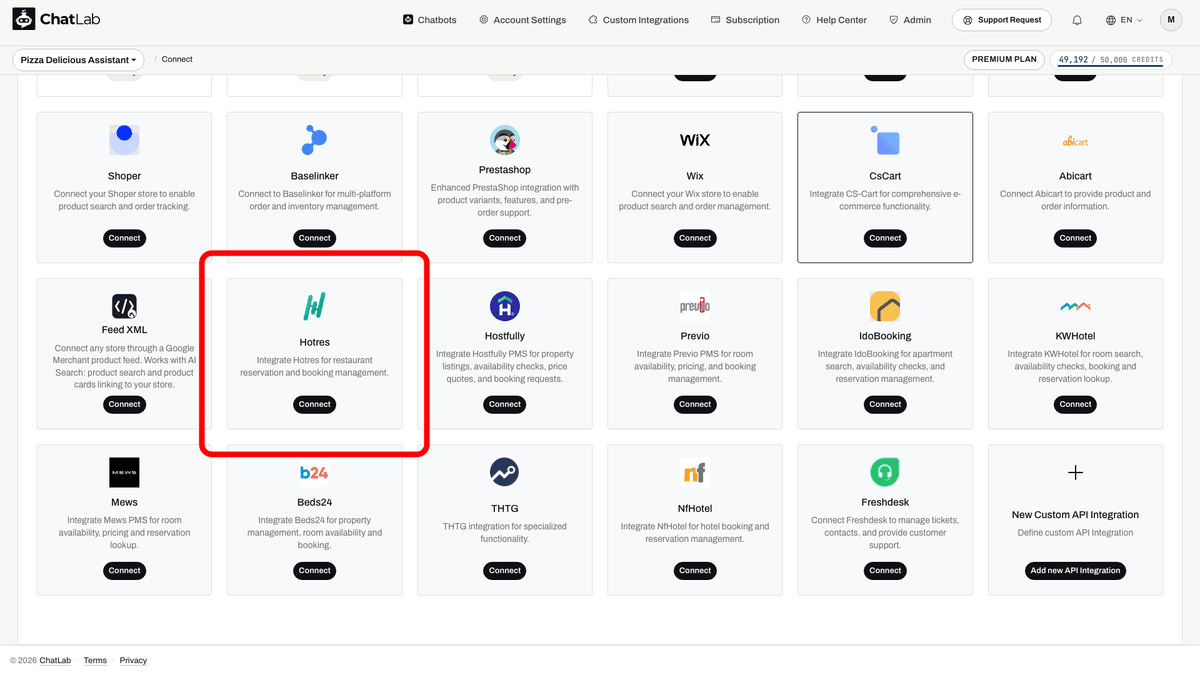 Connect tab showing the Hotres integration tile