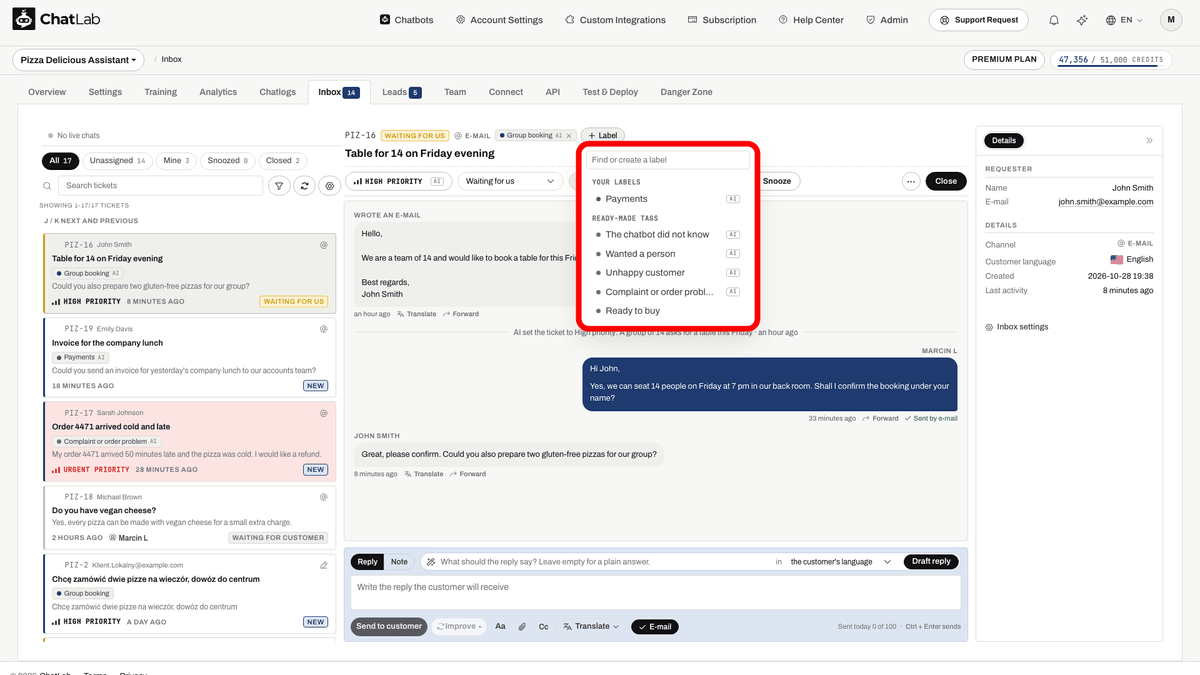 Add label menu with your labels and ready-made tags
