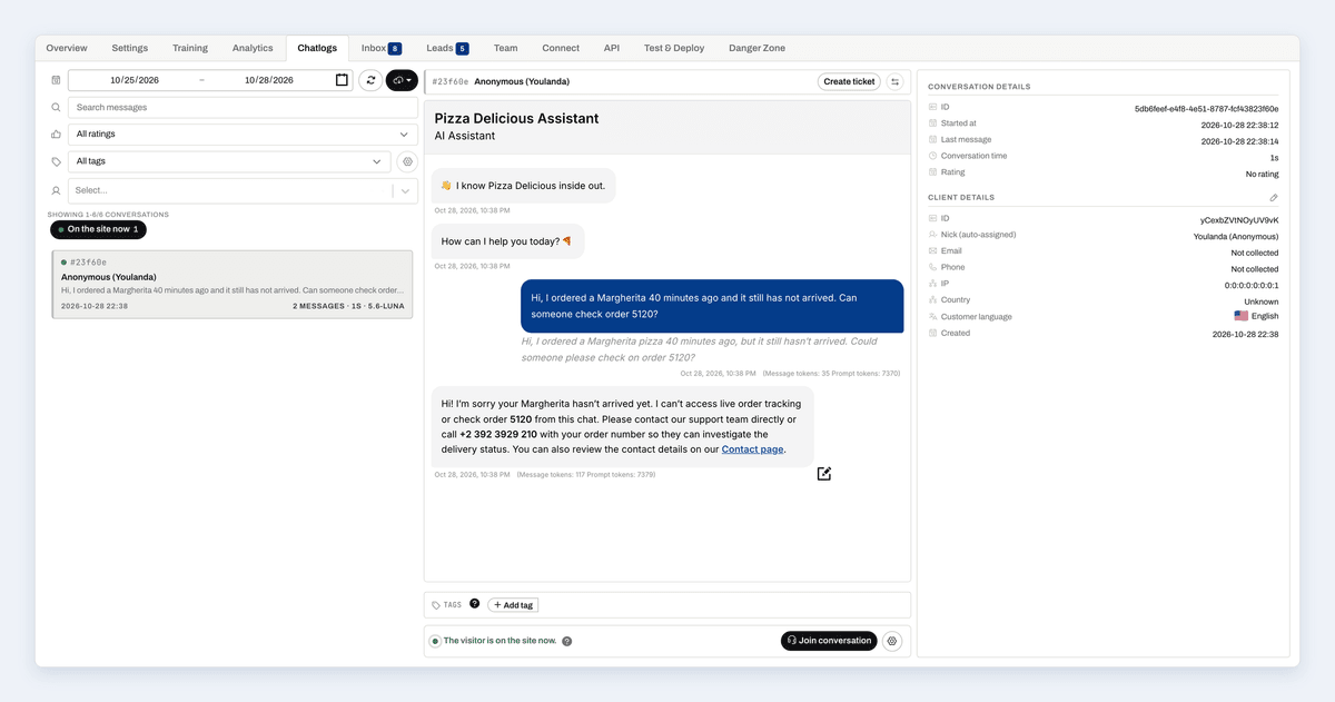 Chat Logs: the visitor is on the site now, and Join conversation opens a live chat