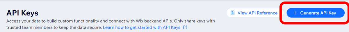 API Keys page with the Generate API Key button