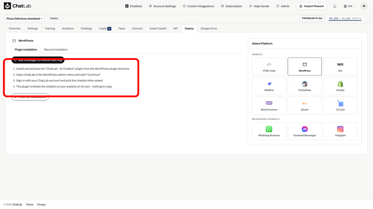 WordPress plugin connection instructions highlighted