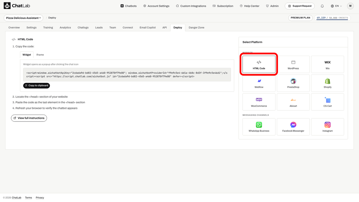 Deploy tab with HTML Code selected