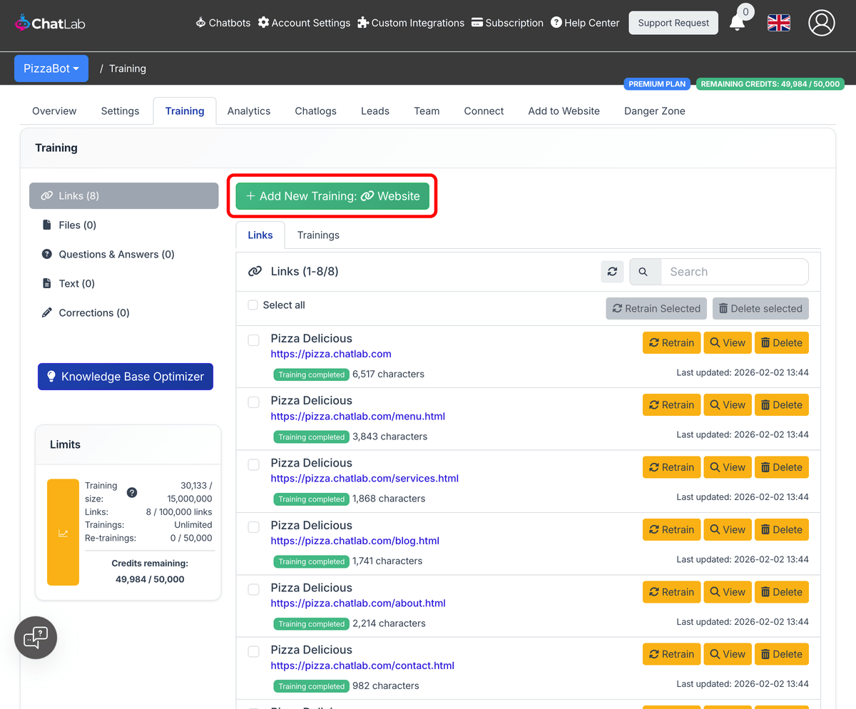 Training links list with the Add New Training button highlighted