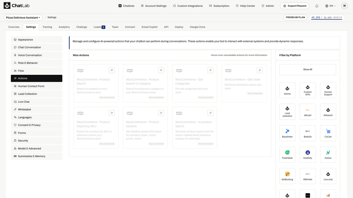 WooCommerce actions in Settings showing all available actions