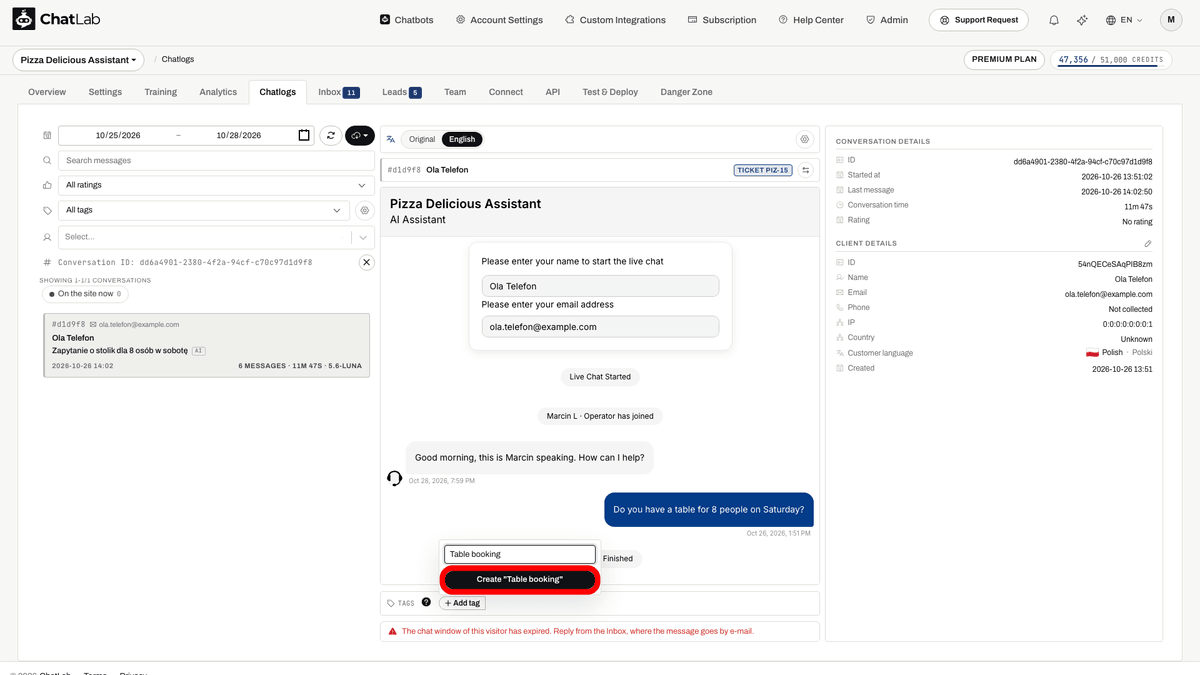 Creating a new tag from the Add tag menu