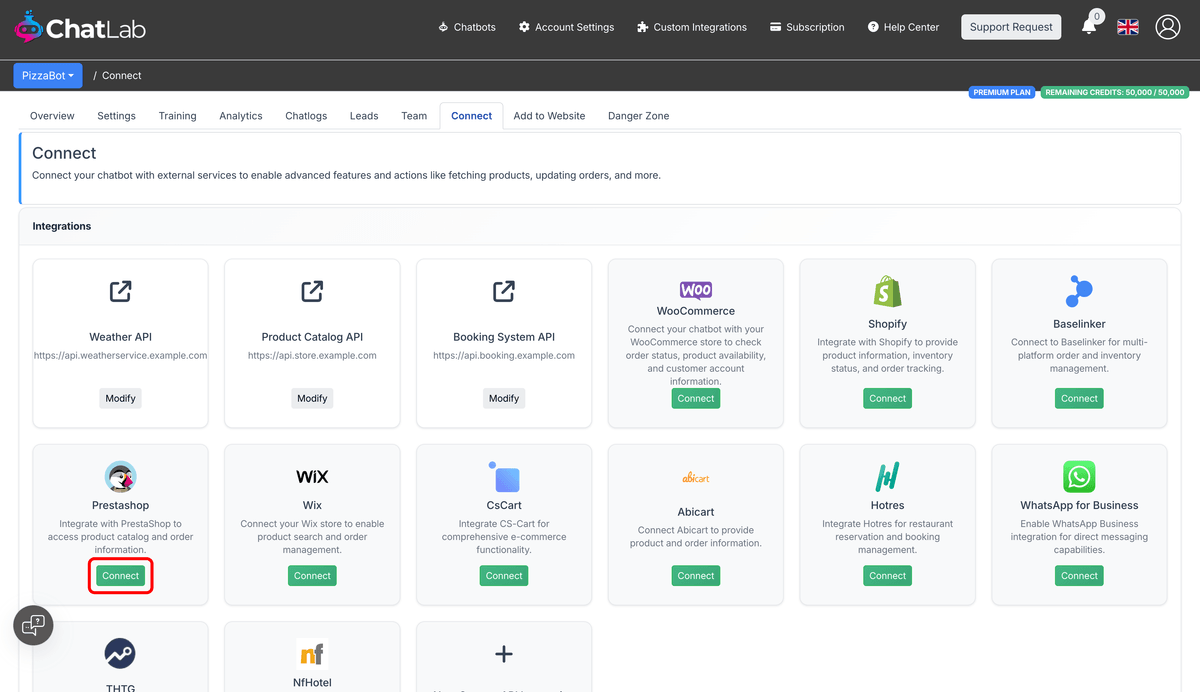 Connect tab showing the PrestaShop integration tile