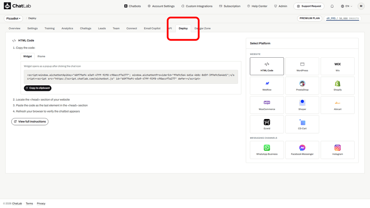 Deploy tab highlighted
