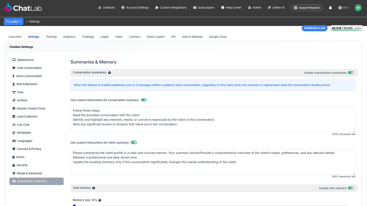 Custom summary instructions
