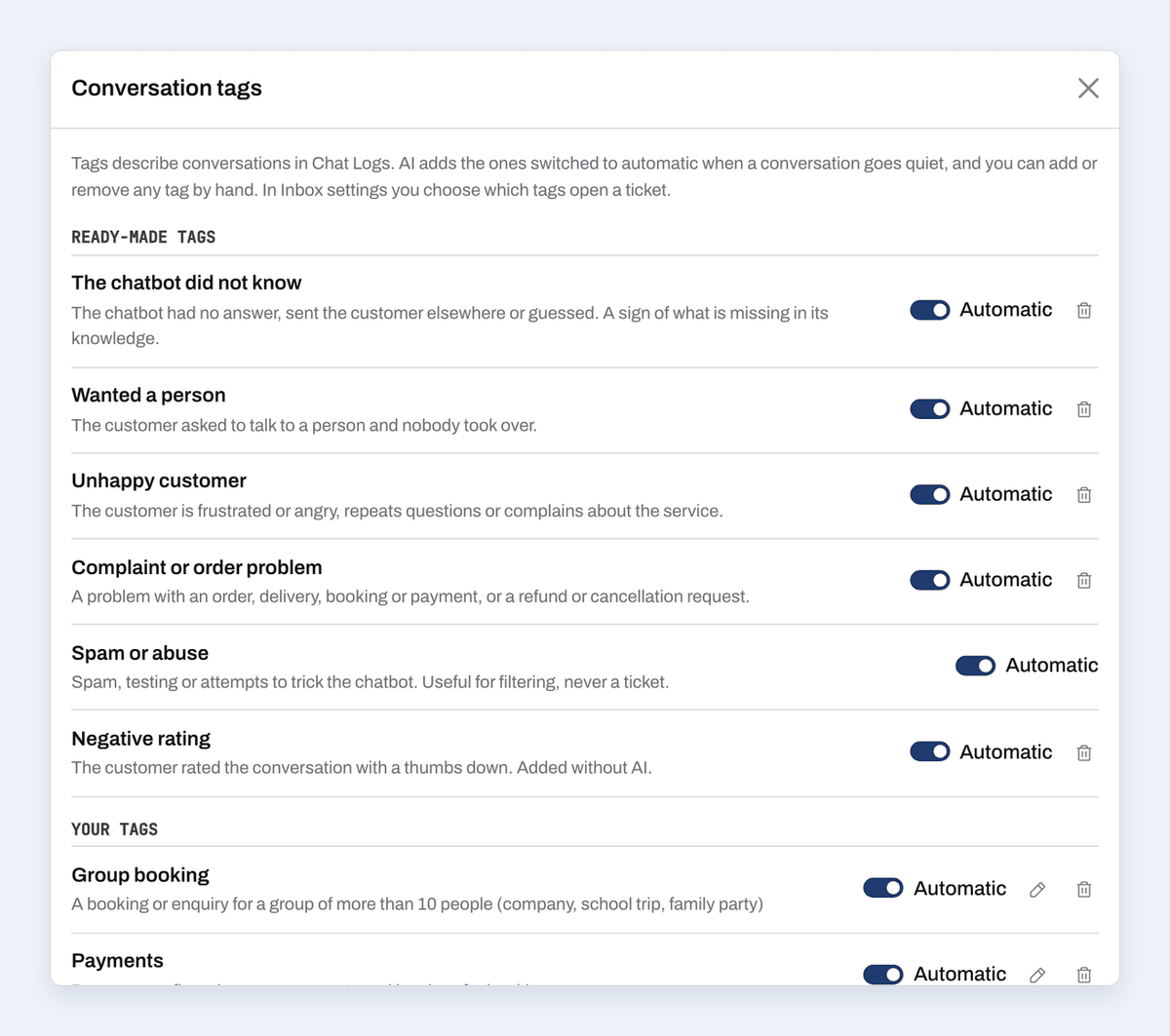 The tag catalog: ready-made tags and your own, automatic or added by hand