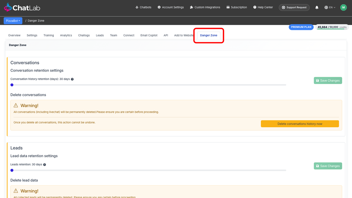 Bot navigation tabs with Danger Zone highlighted